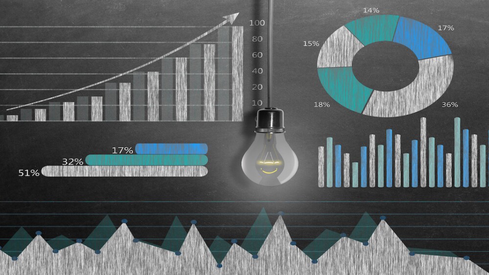Chalkboard graphs charts lightbulb investing ideas