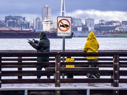 Two Men Fishing on a Dock with a 'No FIshing' Sign