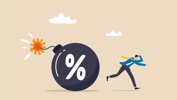 Illustrated man running from percentage bomb representing high treasury yields