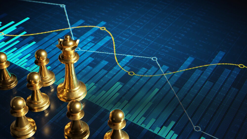 Chess pieces against financial chart backdrop signifying a strategy to win, beat the market