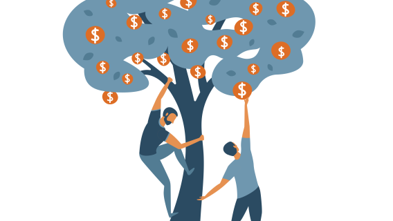 Men climbing tree to reach stocks with rising dividends