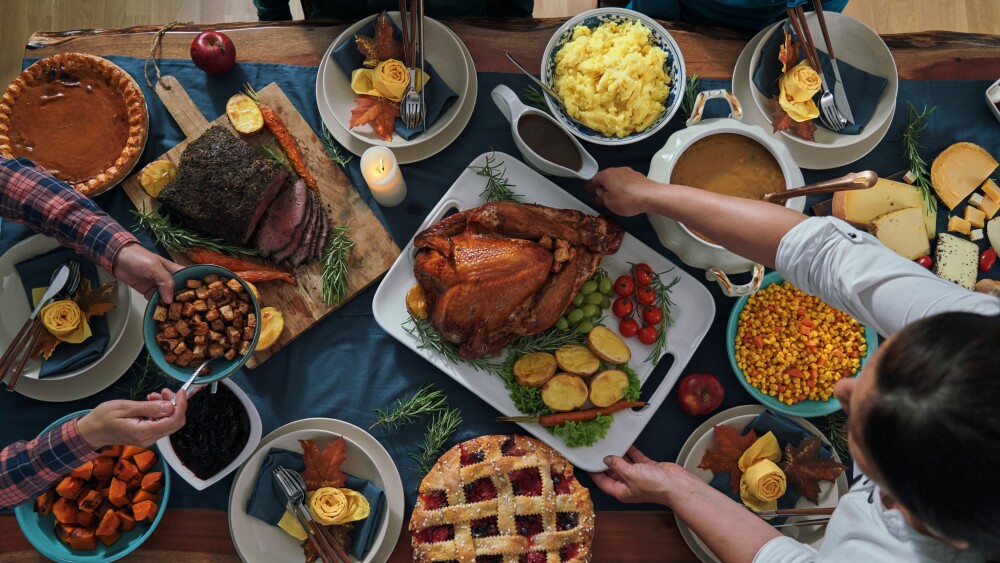 A Thanksgiving table with foods from various companies and Thanksgiving stocks