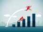 Red suited man jumping over another while climbing bar chart representing investing in LEAPS