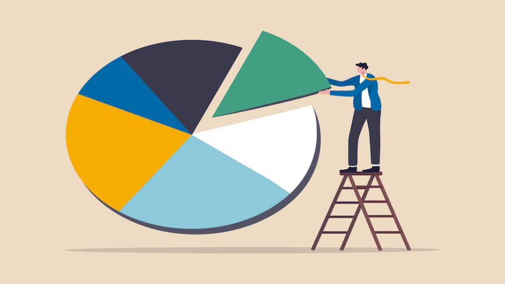 Investment asset allocation and S&P 500 rebalance concept, businessman investor or financial planner standing on ladder to arrange pie chart as rebalancing investment portfolio to suitable for risk and return