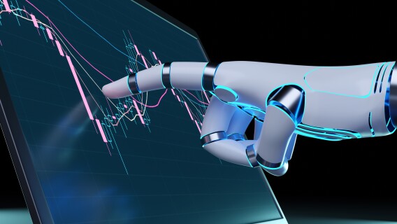 Robotic hand pointing at a candlestick chart of stock market. Illustration of the concept of stock portfolio picks by artificial intelligence for the best artificial intelligence (AI) exchange-traded fund (ETF)