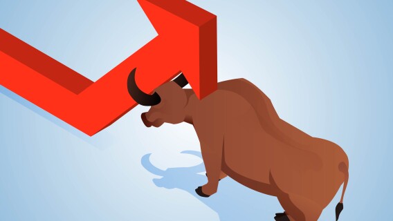 Bull market, turnaround, stock market or economy suffers economic stimulus and successfully activates a rally or economic recovery, isometric strong bull rams the arrow and changes the direction of growth of the arrow