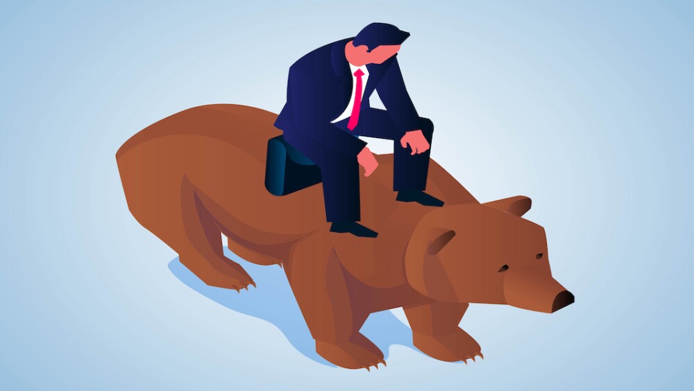 Isometric businessman sitting bear, bear market, stock market and possible recession