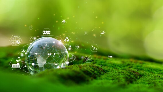 Glass globe in green forest with the icon environment of ESG, co2, circular company, and net zero ESG and transition investing.