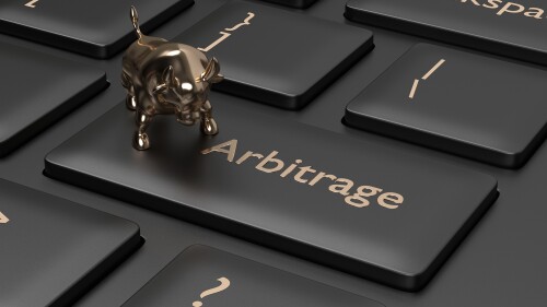 Gold bull on an "arbitrage" button, arbitrage trading, arbitrage trade