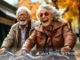 A Mature Couple Riding Bike and Laughing Together