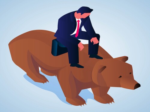 Isometric businessman sitting bear, bear market, stock market and possible recession