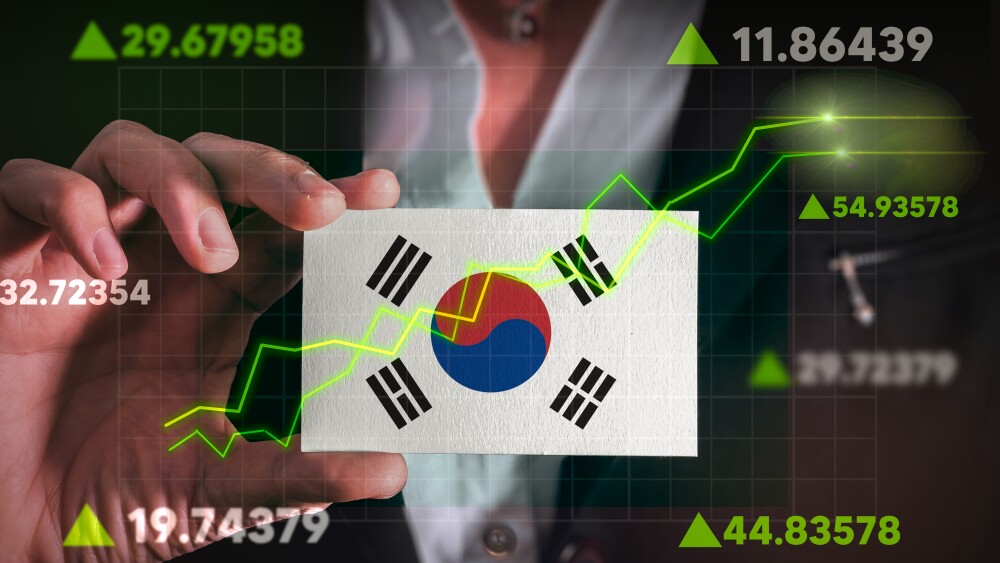 Graph or chart of korean stocks going up in Front Of South Korea Flag.