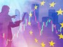 European stocks. Financial market of European union. Silhouette of investor with laptop. Flag of Europe near businessman. Investments in European union. 