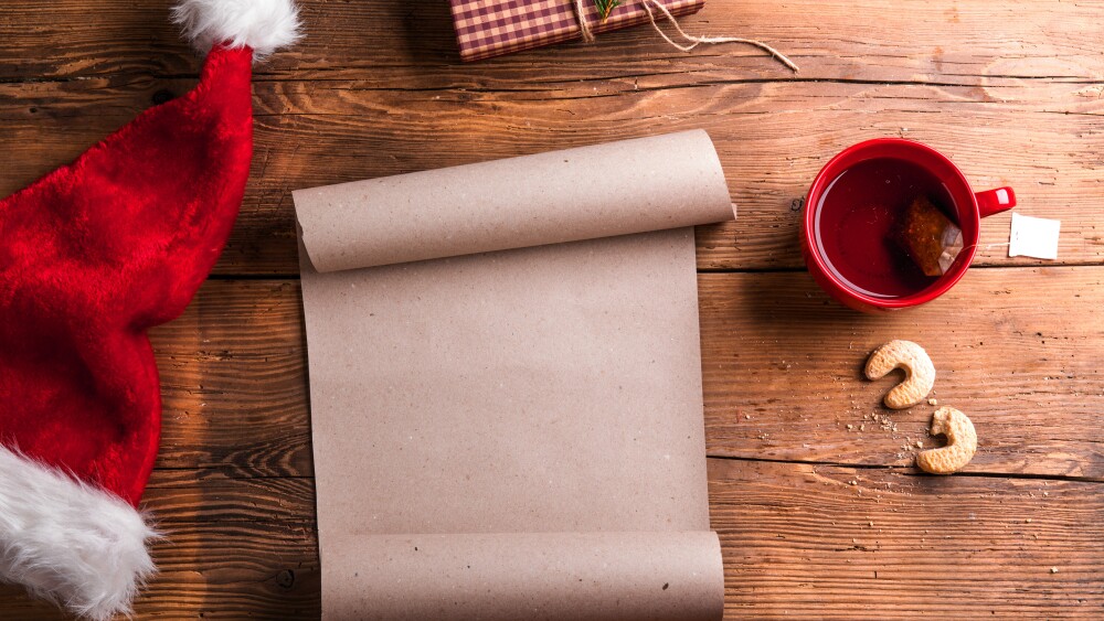 December note, holiday themed, Santa hat, mug, cookies, gift